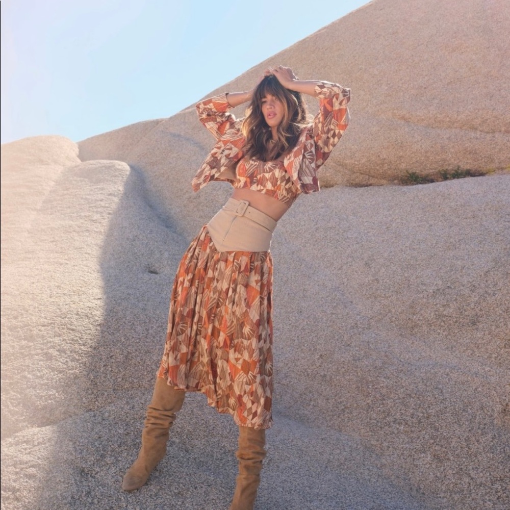 Nomad Maxi Skirt, Bustier, and Jacket Set in Tapestry. The Bright Side.